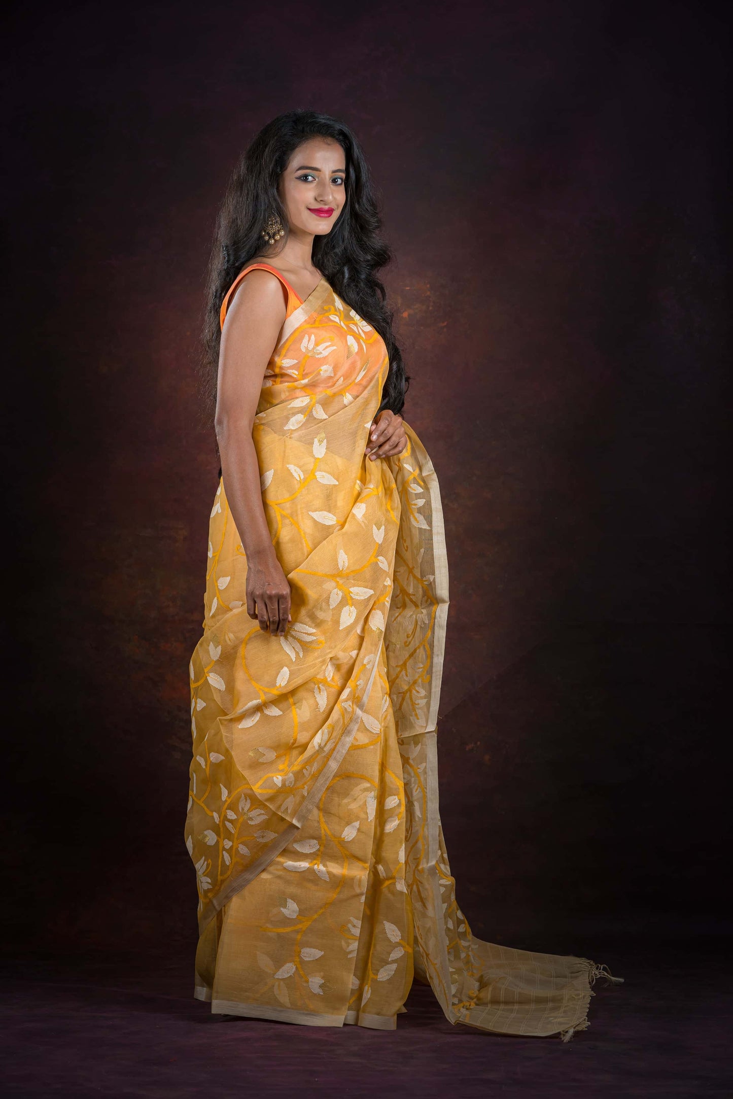 Tuscan Yellow Floral Needle Weave Silk Jamdani Saree-40