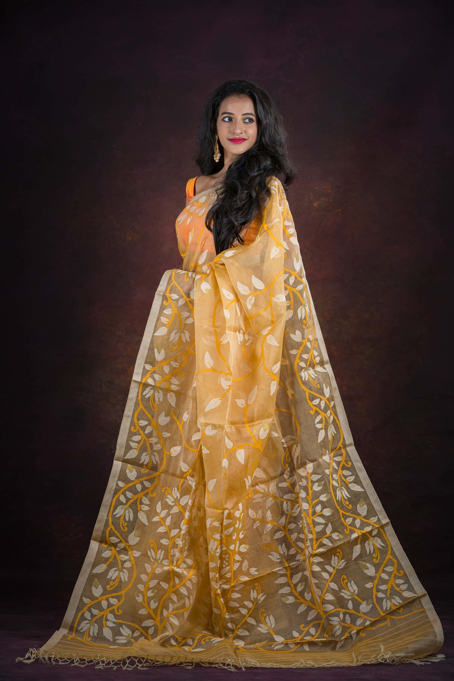 Tuscan Yellow Floral Needle Weave Silk Jamdani Saree-40