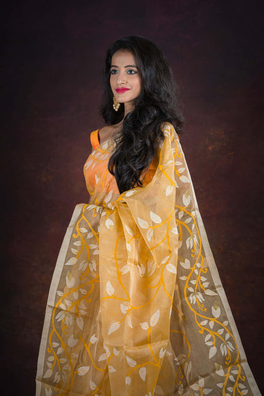 Tuscan Yellow Floral Needle Weave Silk Jamdani Saree-40