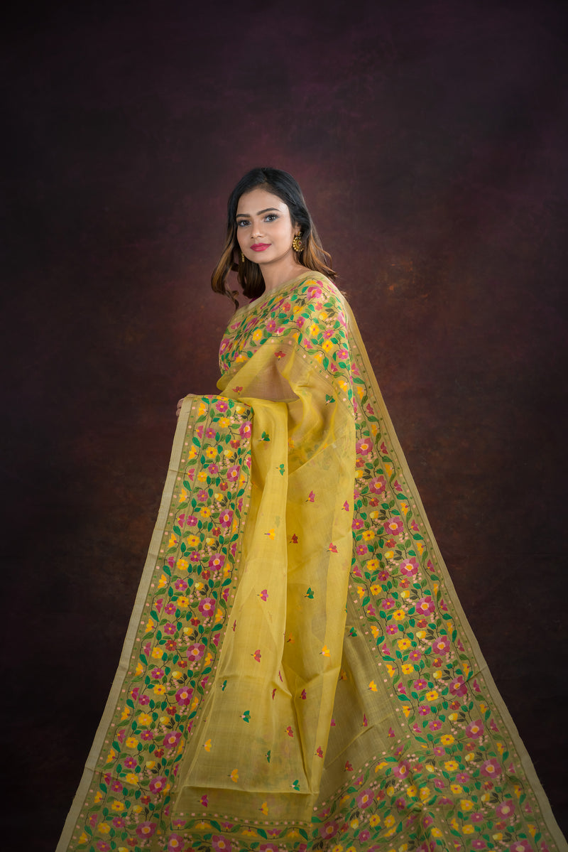 Yellow Multicolor Floral Needle Weave Silk Jamdani Saree-39