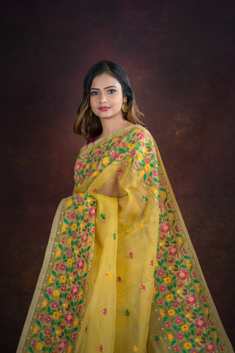 Yellow Multicolor Floral Needle Weave Silk Jamdani Saree-39