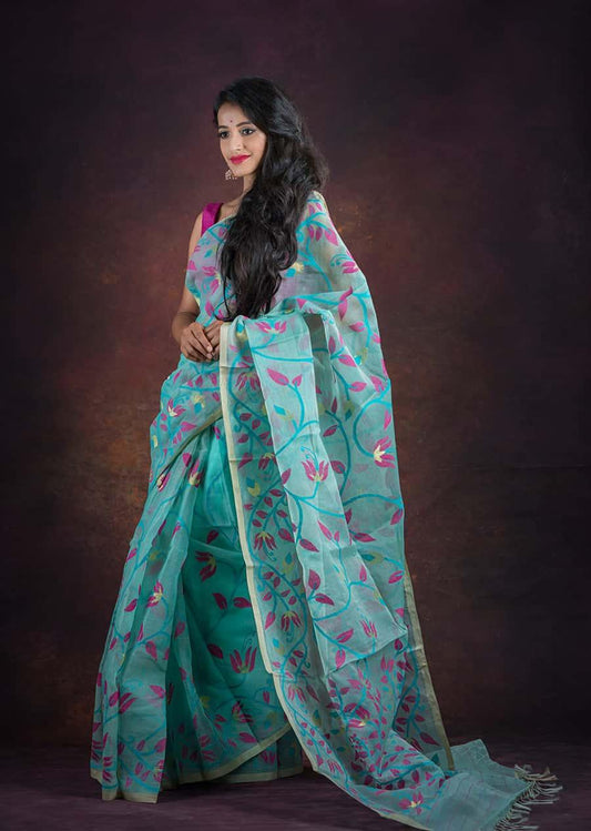 Teal Pink Floral Needle Weave Silk Jamdani Saree - Indeloom