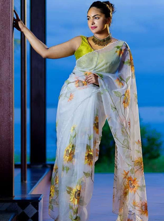 Ivory White With Sunflower Floral- Organza Hand-painted Saree-013 - indeloom