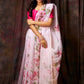 Floral Garden on Ivory White Organza Hand-painted Saree-037 - indeloom