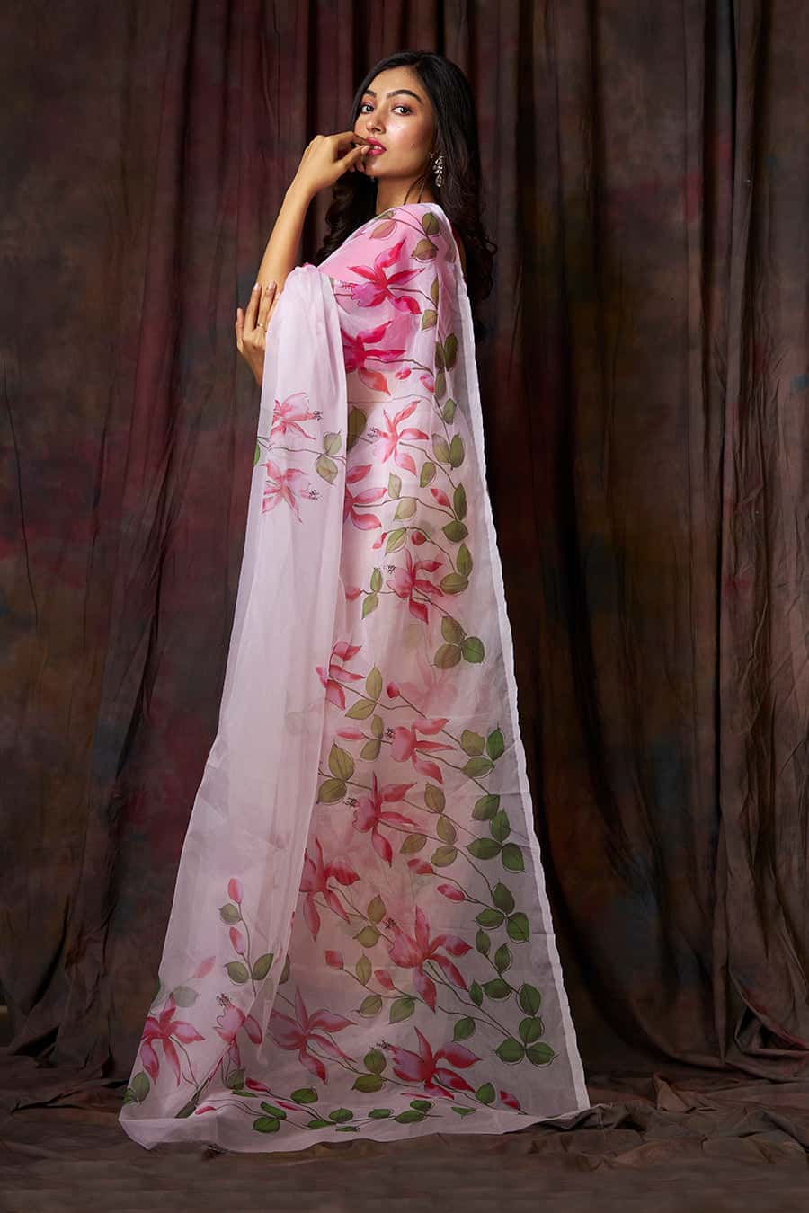 Floral Garden on Ivory White Organza Hand-painted Saree-037 - indeloom