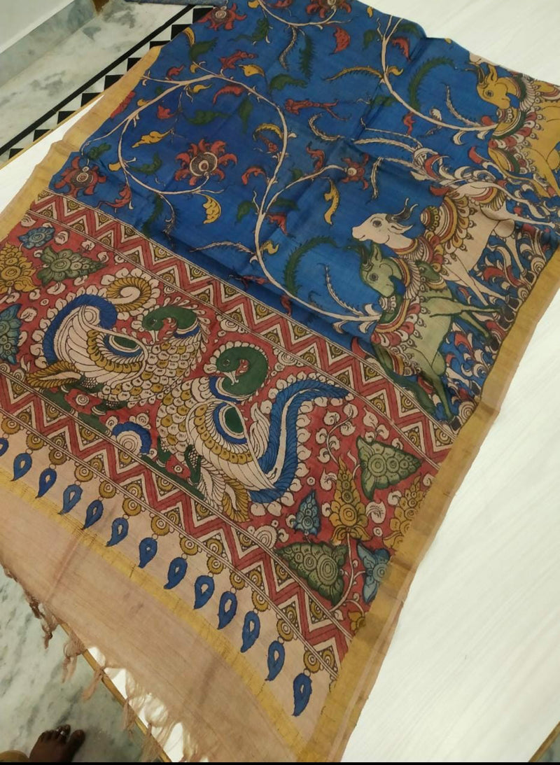 Peacocks & Cow Designs on Blue Painted Kalamkari Dupatta