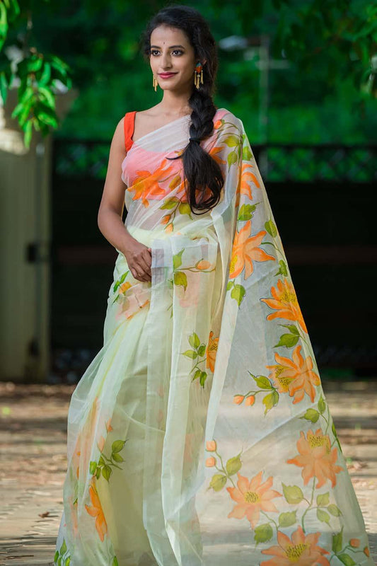 Mint Green Pastel Orange Floral Organza Hand-painted Saree-023 - Indeloom