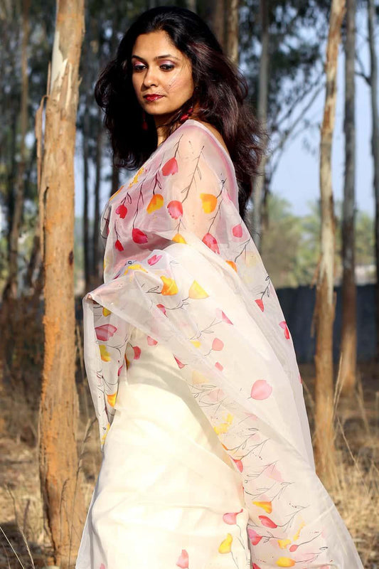 Multi Color Floral Handpainted Pure Silk Organza Saree-002 - Indeloom