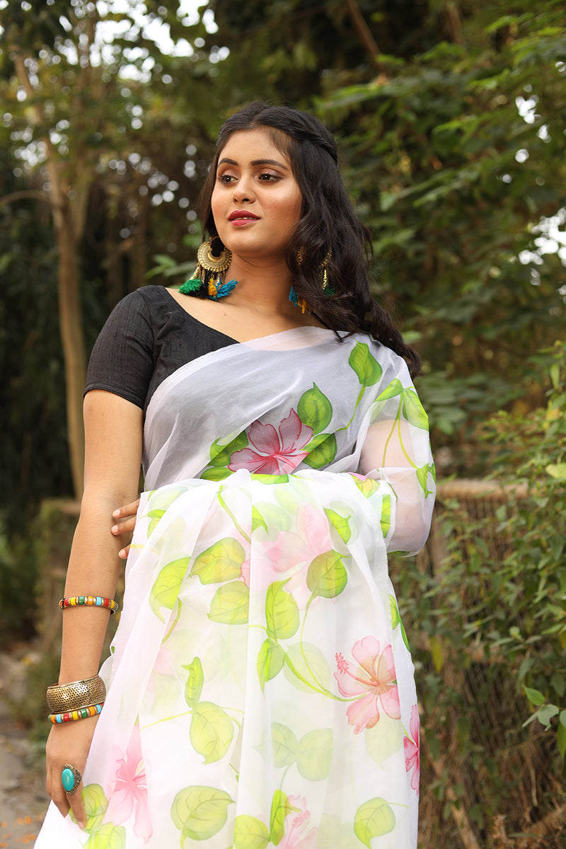 Green and Pink Flowers on Organza Hand-painted Sari