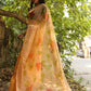 Eclusive Florals on Organza Hand-painted Sari-030 - indeloom