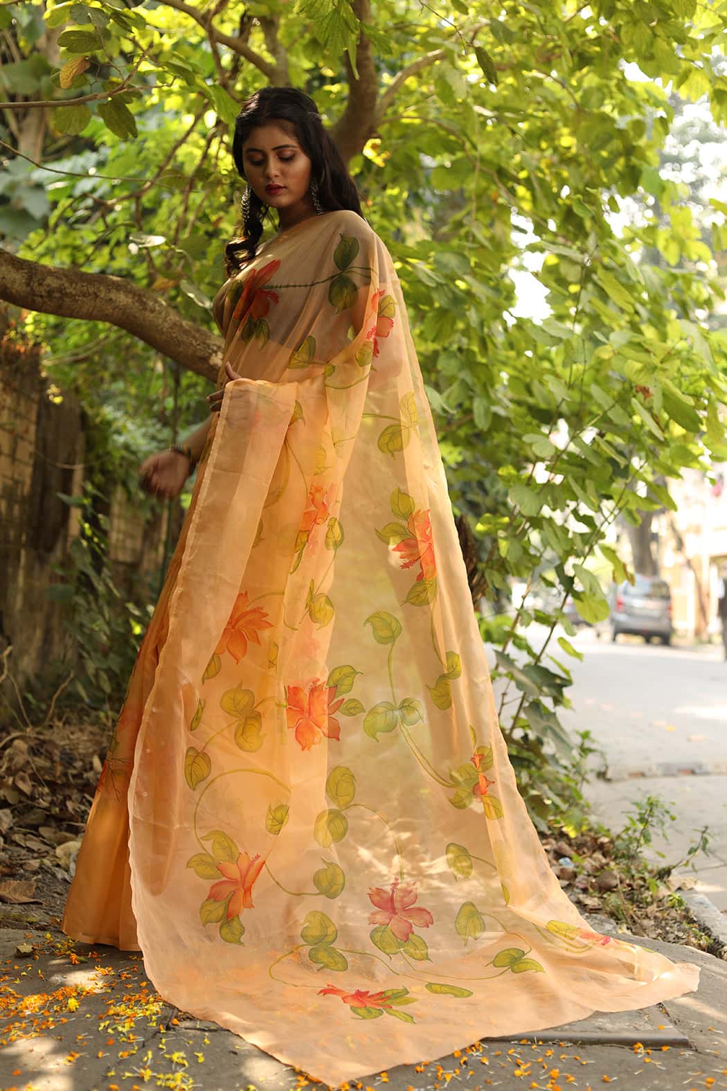 Eclusive Florals on Organza Hand-painted Sari-030 - indeloom