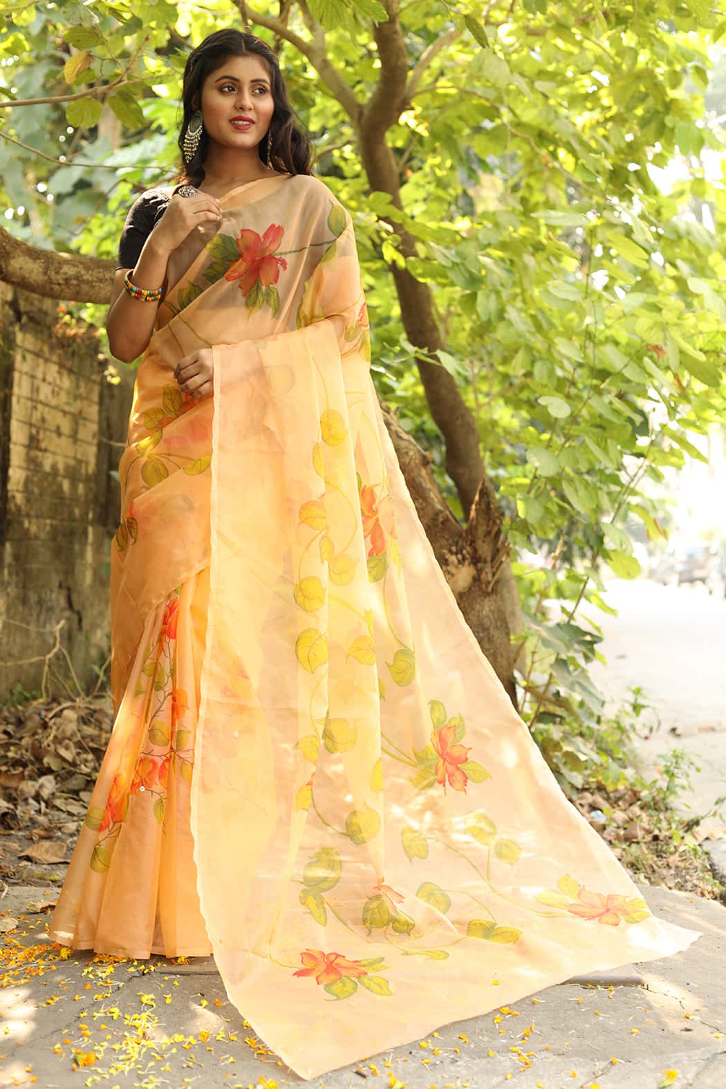 Eclusive Florals on Organza Hand-painted Sari-030 - indeloom