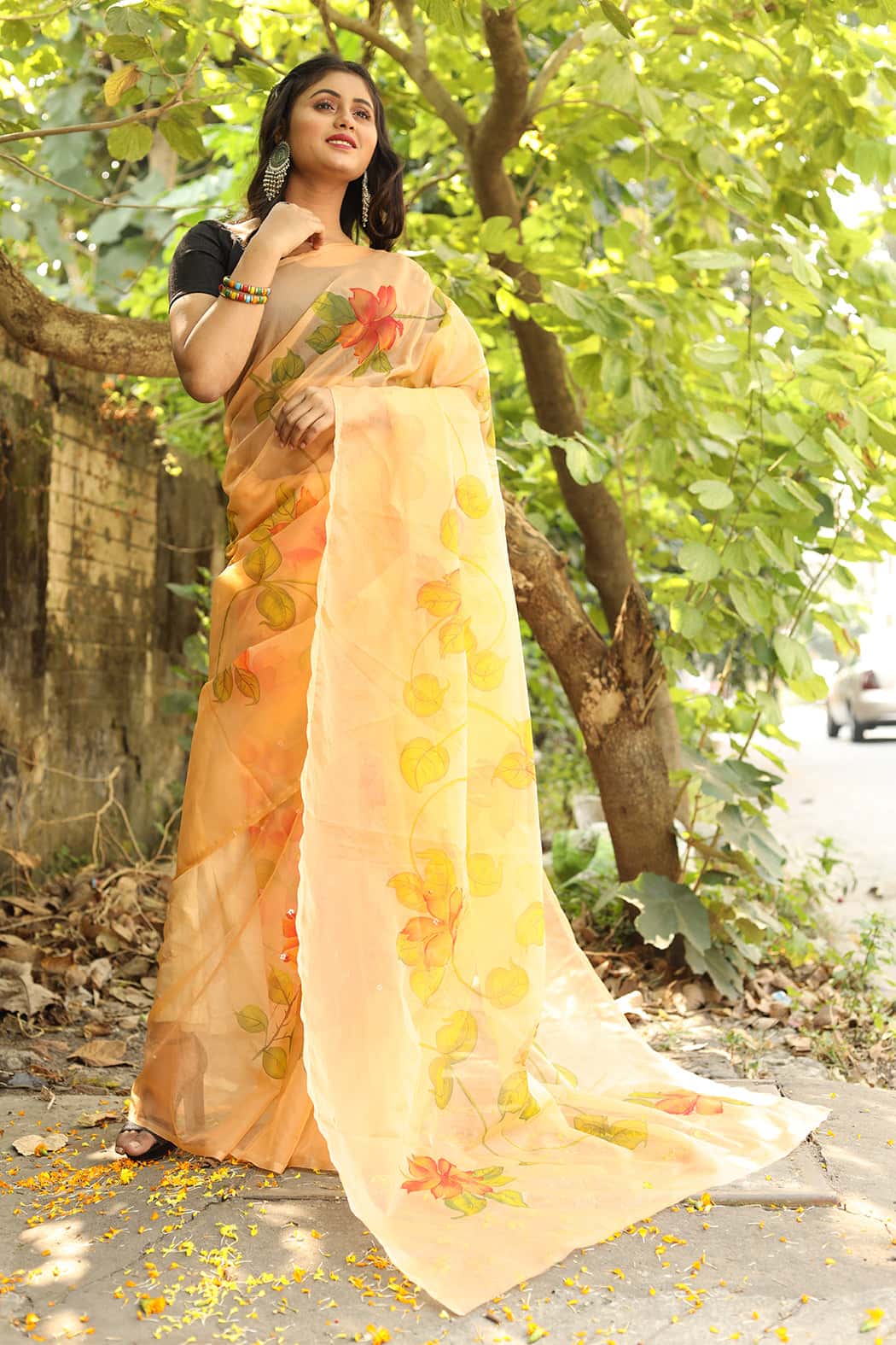 Eclusive Florals on Organza Hand-painted Sari-030 - indeloom