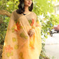 Eclusive Florals on Organza Hand-painted Sari-030 - indeloom