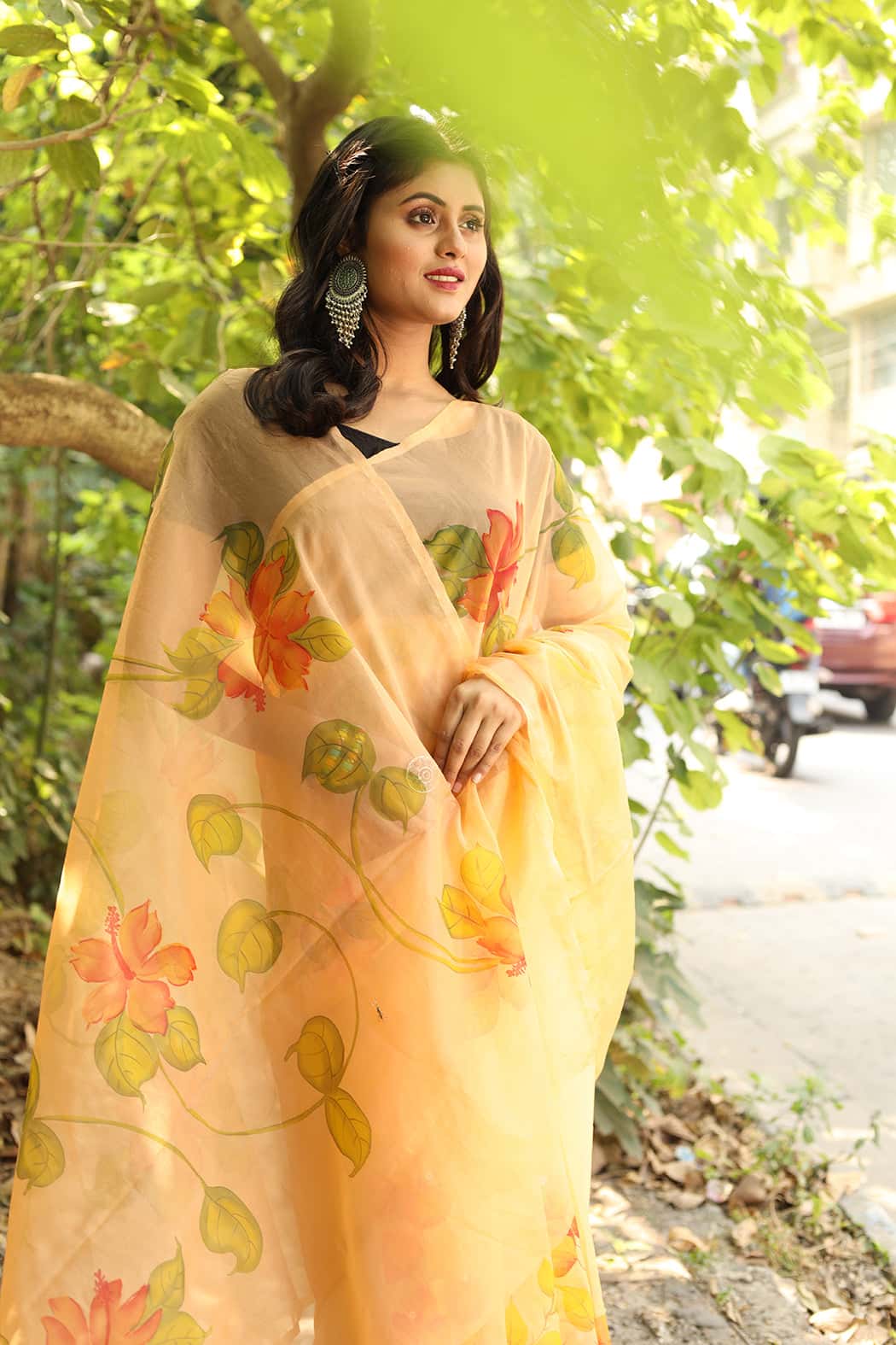 Eclusive Florals on Organza Hand-painted Sari-030 - indeloom