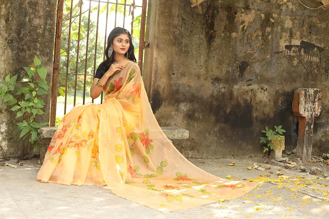 Eclusive Florals on Organza Hand-painted Sari-030 - indeloom