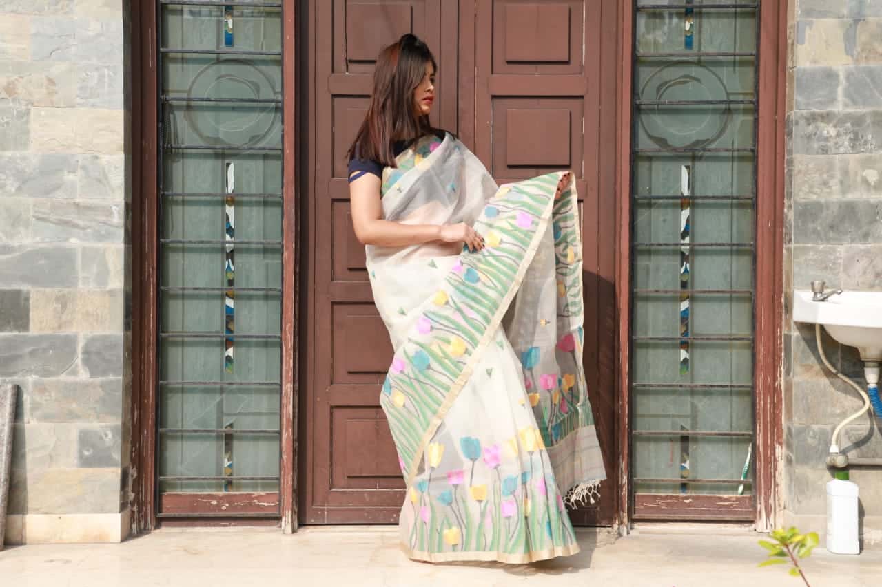 Exclusive Off White Multicolor Tulips Silk Jamdani Saree-035 - indeloom
