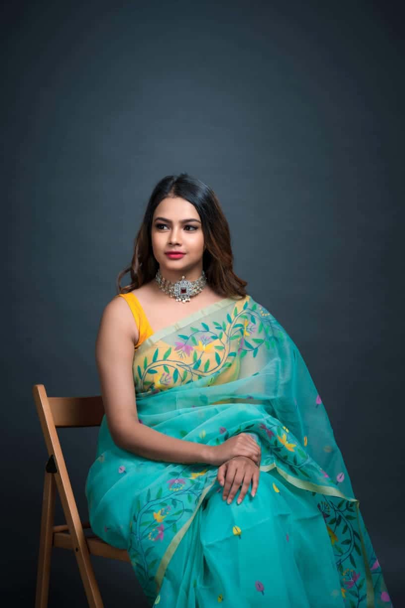Cyan Floral Garden Silk Jamdani Saree-034 - indeloom