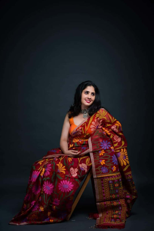 Maroon Floral Motifs Silk Jamdani Saree-036 - indeloom