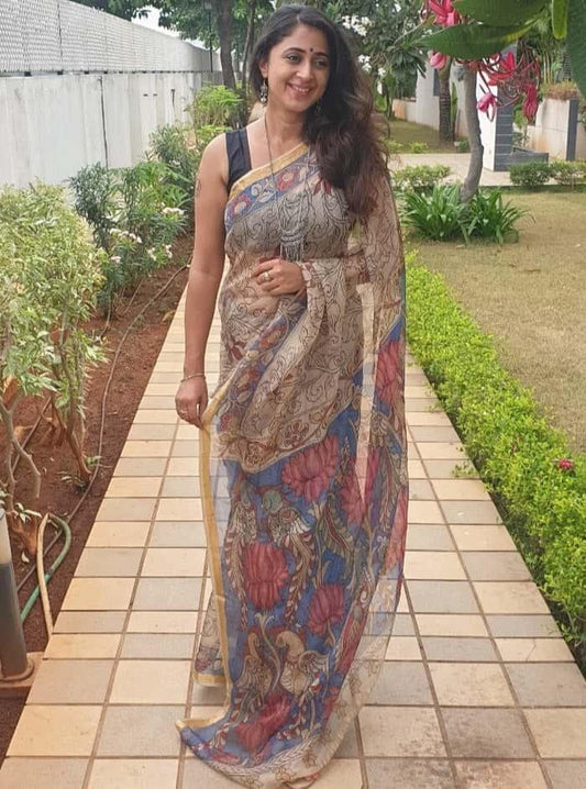Hand Painted Pen Kalamkari Saree Lotus Garden And Swams In Kota Doria Silk - indeloom