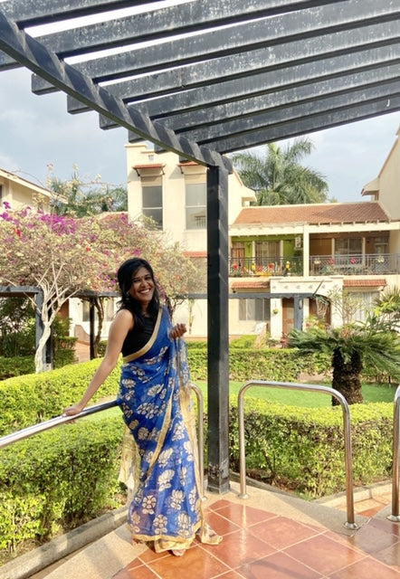 Pen Kalamkari Sari Blue Lotus  Garden  And Swams on Pallu  In Kota Doria Silk